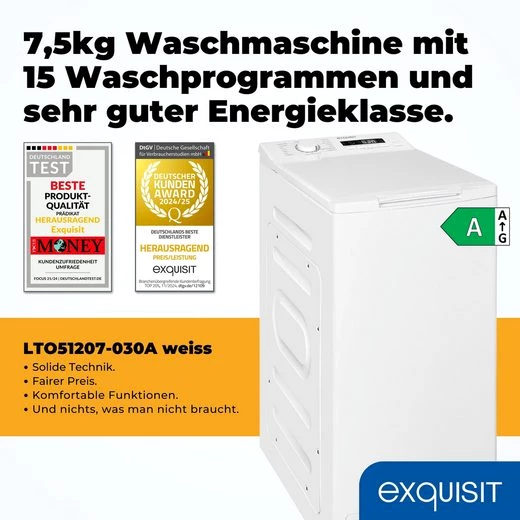 exquisit Waschmaschine Toplader LTO51207-030Aweiss, 7,5 kg, 1200 U/min, 7,5 kg, Startzeitvorwahl