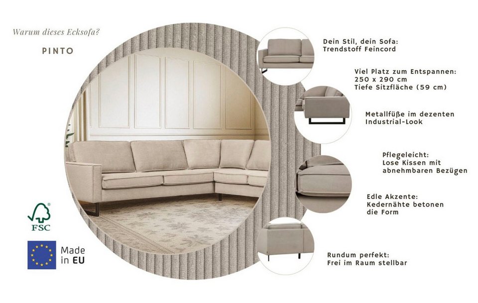 Home affaire Ecksofa Pinto, XXL, 250/290 cm, langer Schenkel, Ottomane, Cord, Ch