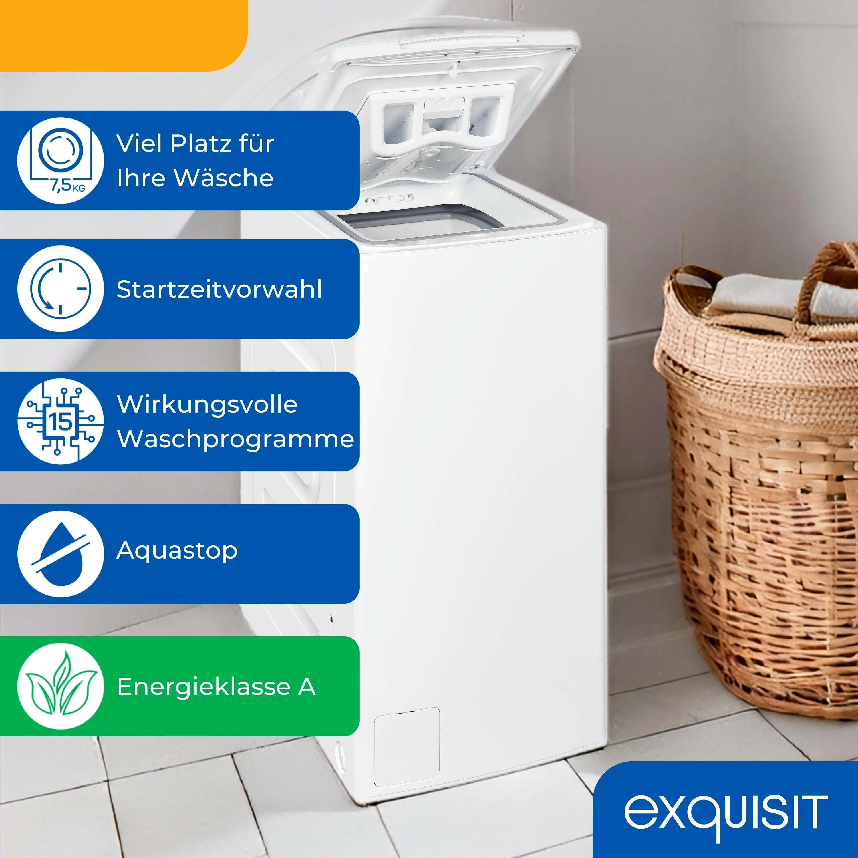 exquisit Waschmaschine Toplader LTO51207-030Aweiss, 7,5 kg, 1200 U/min, 7,5 kg, Startzeitvorwahl