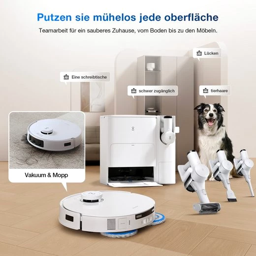 ECOVACS Nass-Trocken-Saugroboter T30S COMBO WHITE, mit 11.000 Pa Saugkraft