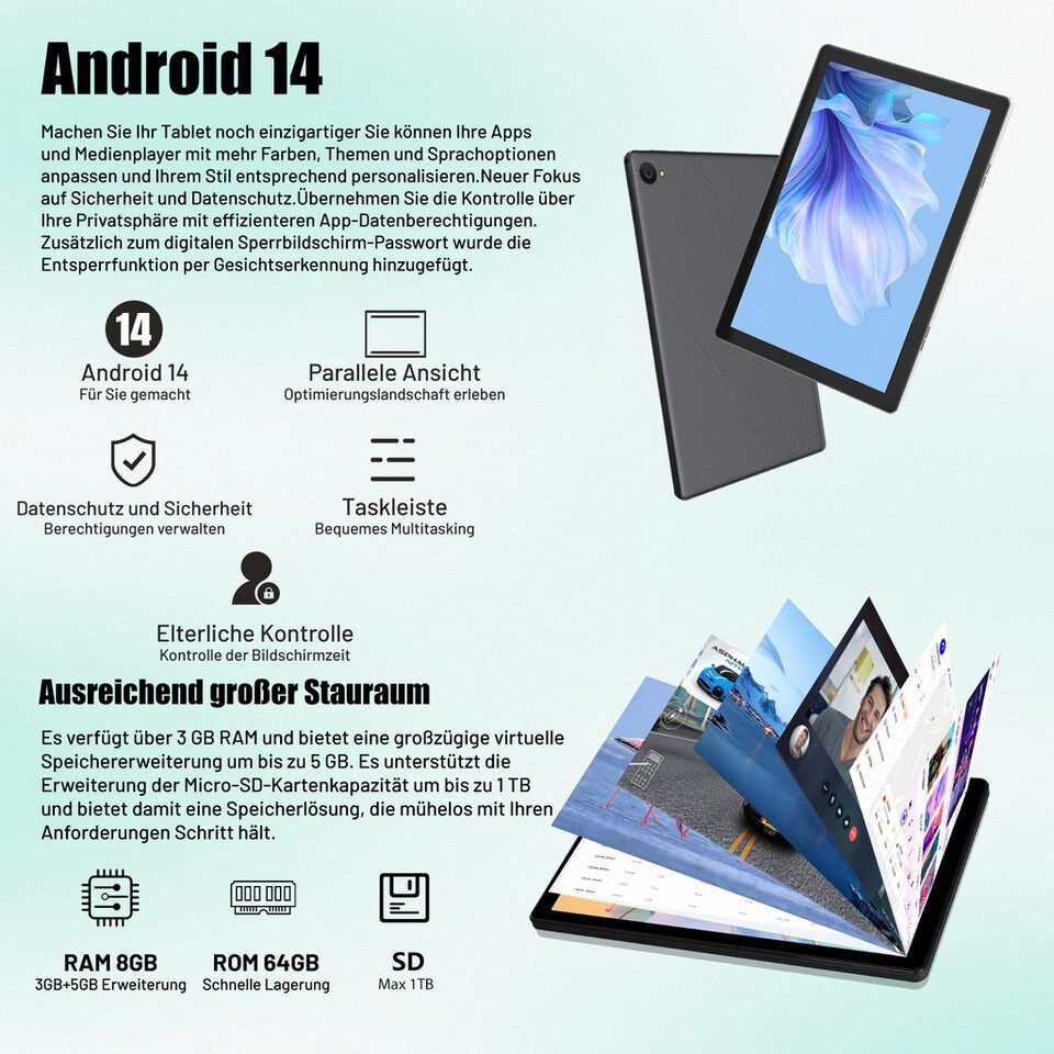 Happybe 10 Zoll 64 GB ROM (1 TB TF), Android, 1280x800 HD IPS, WiFi 6 Tablet (10