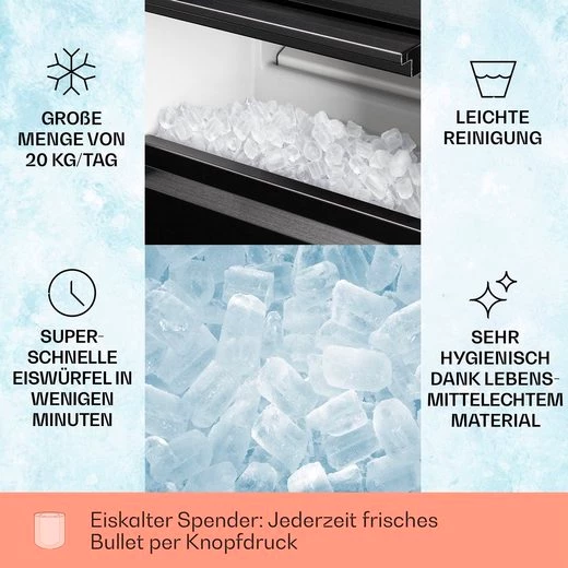 Klarstein Eiswürfelmaschine Powericer, Eiswürfelbereiter Elektrisch Ice maker 20kg /Tag 1,8 L LED