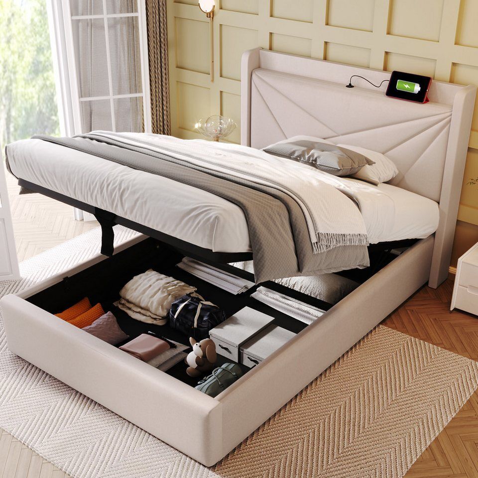 TavilaEcon Boxspringbett Einzelbett mit Stauraum und USB Typ C Ladefunktion