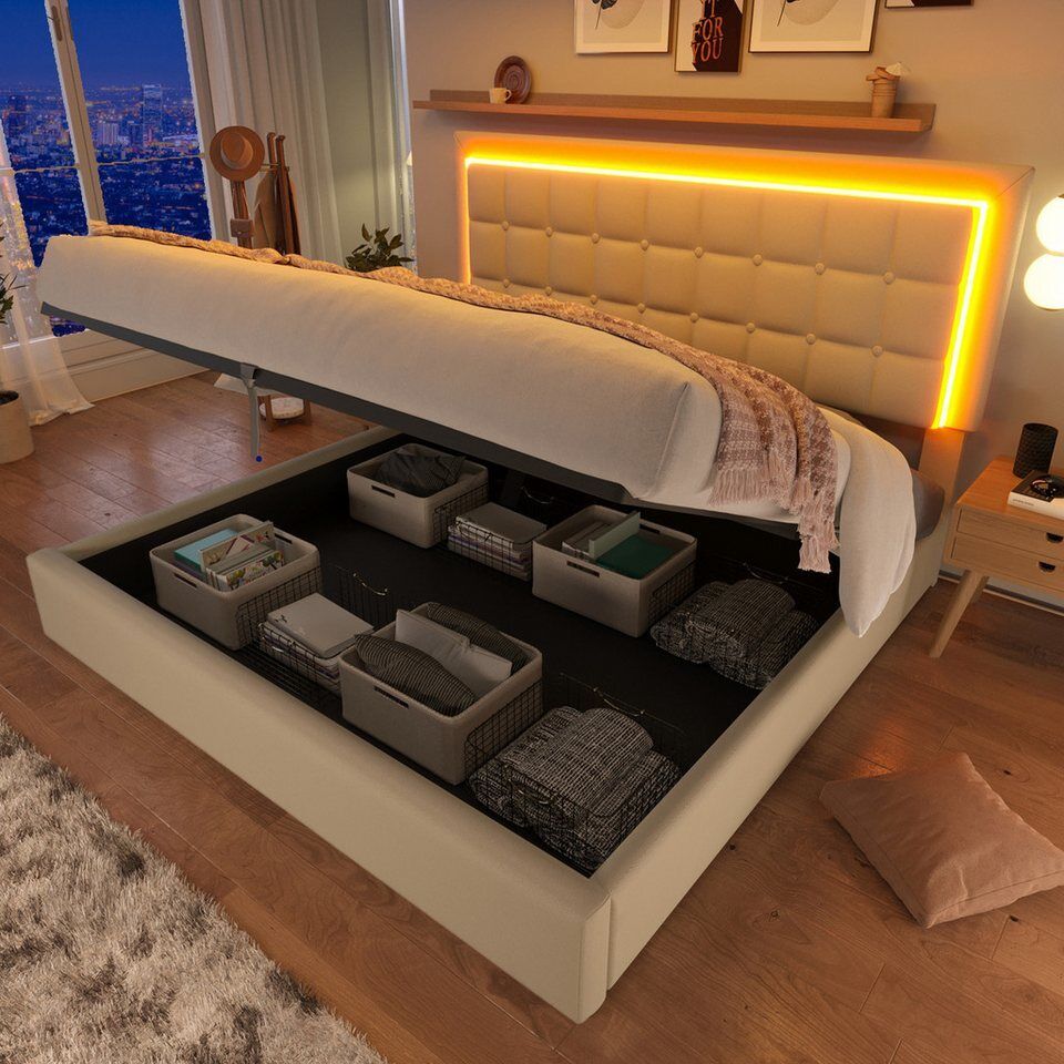 Flieks Stauraumbett (1-tlg), LED-Beleuchtung Kunstleder Doppelbett 140x200cm