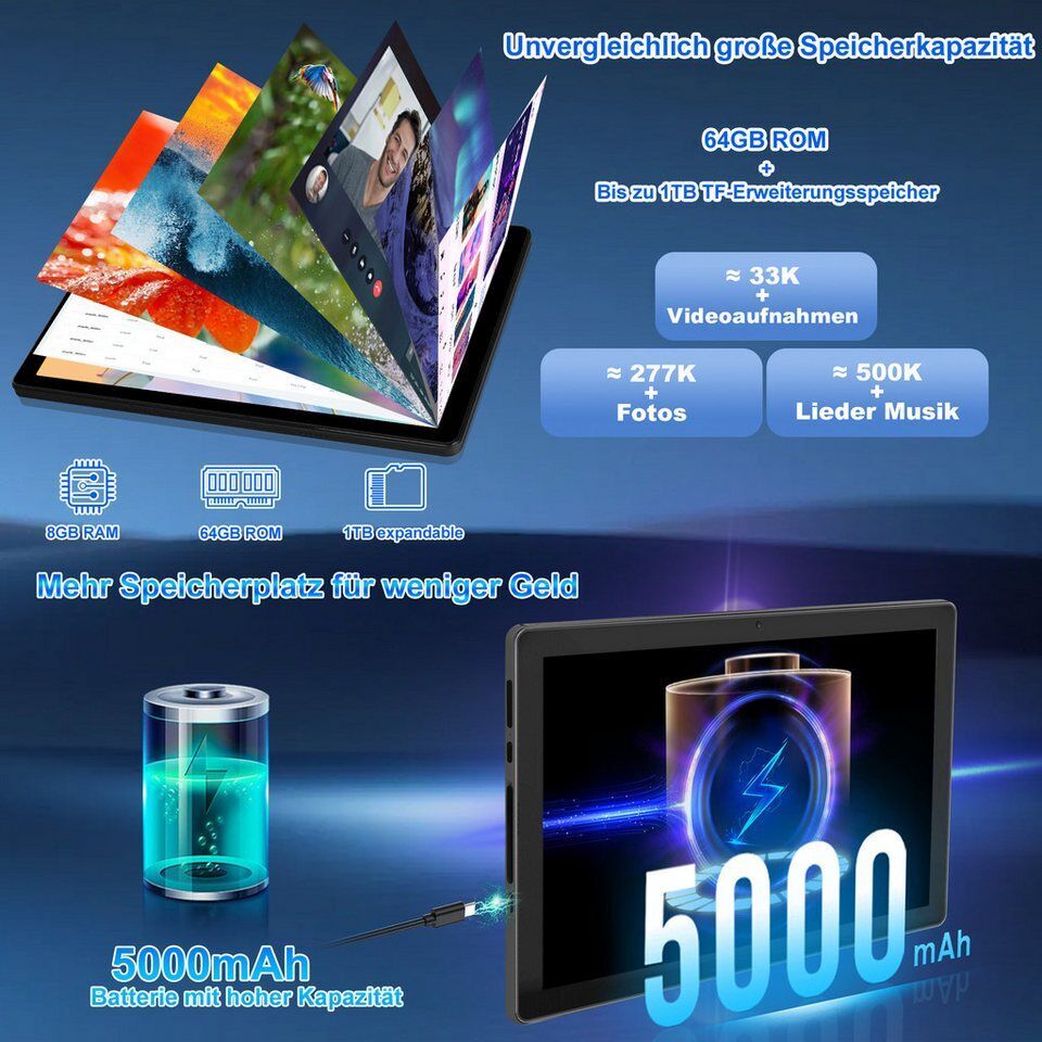 BUFO 10 Zoll 3 GB RAM 64 GB ROM 1280x800 HD IPS 5000mAh WiFi 6 Android 14 Tablet