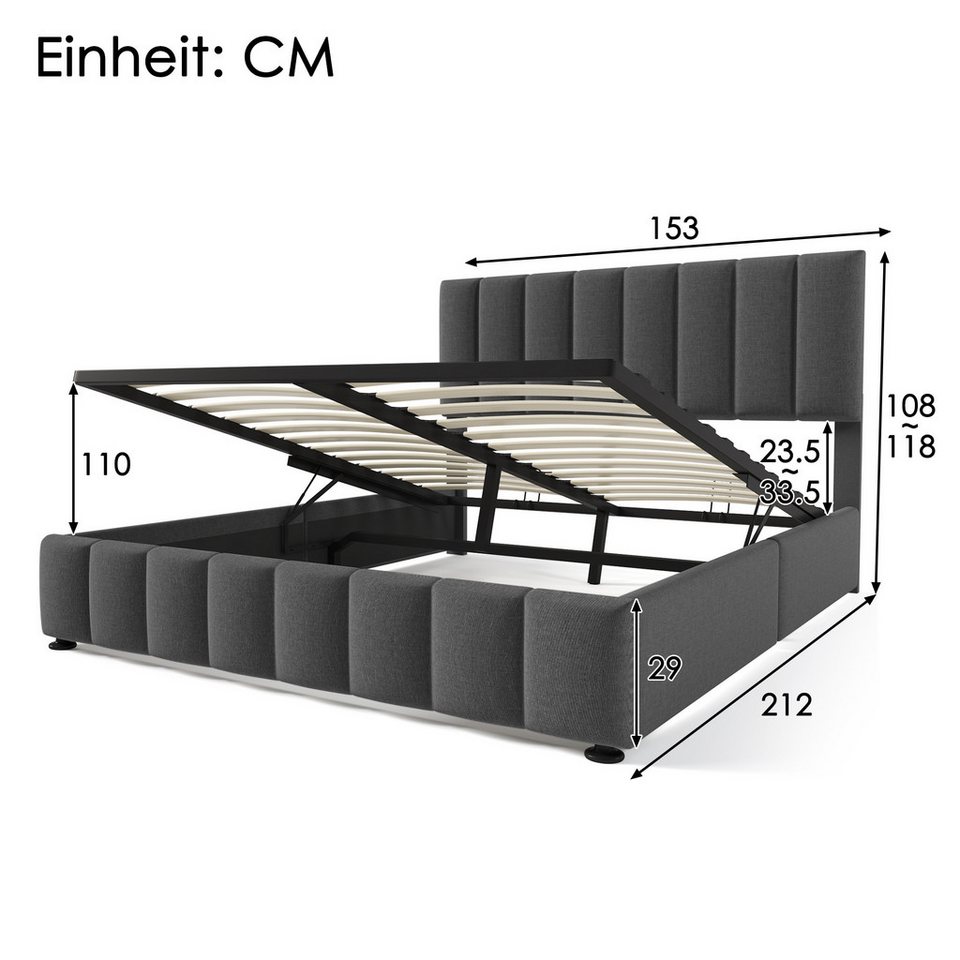 Flieks Polsterbett, Hydraulisches Doppelbett Leinen ohne Matratze 140x200cm